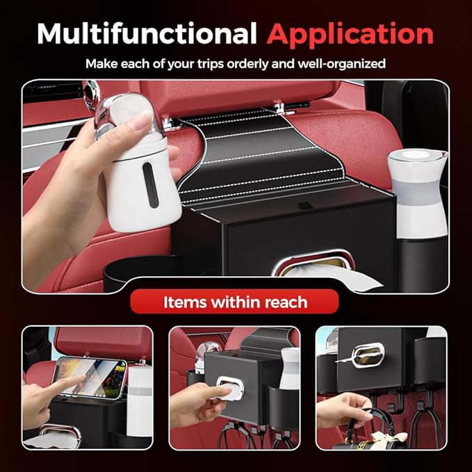 Back Seat Car Organizer,3 in 1 Car Backseat Storage Box with Cup Holder,Tissue Box,Trash Bin&Hooks,Multifunctional Waterproof Storage for Hold Phones Snacks Drinks Handbags (1, A-Coffee)