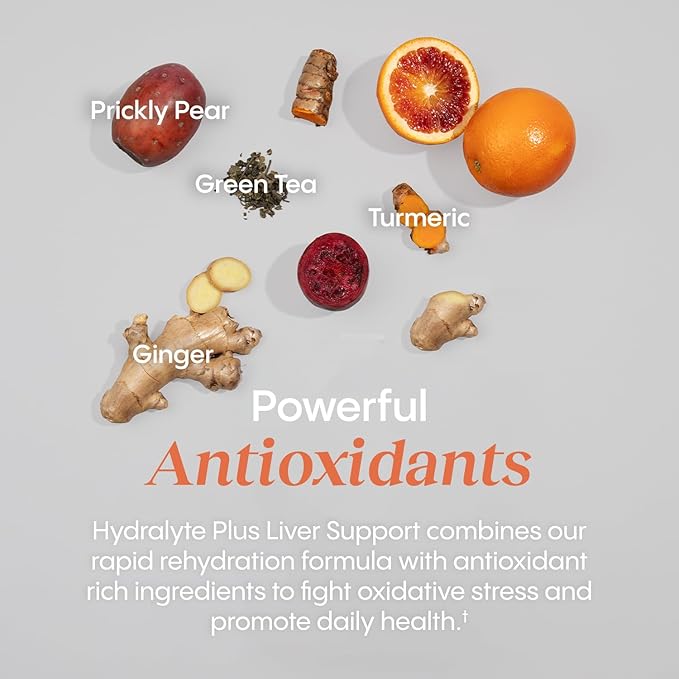 Hydralyte Liver Support + Electrolyte Mix with Milk Thistle, Turmeric, Ginger, Prickly Pear, Green Tea Extract Formulated for Rapid Rehydration (Blood Orange Ginger, 20 Packets)