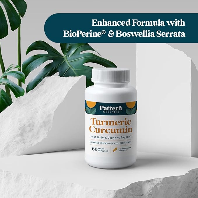 Pattern Wellness Turmeric Curcumin - 1300mg - 95% Curcuminoids with Bioperine Black Pepper Extract - Natural Joint, Health & Cognitive Support - Non-GMO, Gluten Free - 60 Capsules