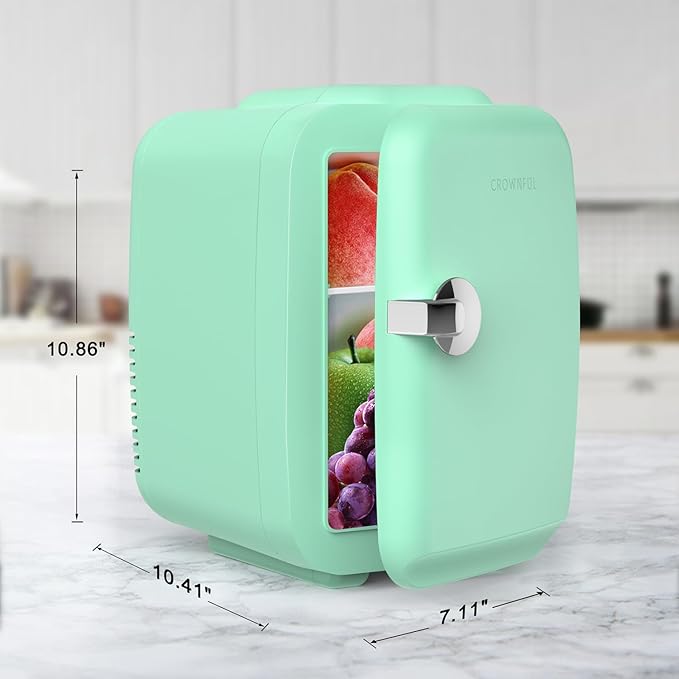 CROWNFUL Mini Fridge, 4 Liter/6 Can Portable Cooler and Warmer Personal Refrigerator for Skin Care, Cosmetics, Beverage, Food,Great for Bedroom, Office, Car, Dorm, ETL Listed (Green)