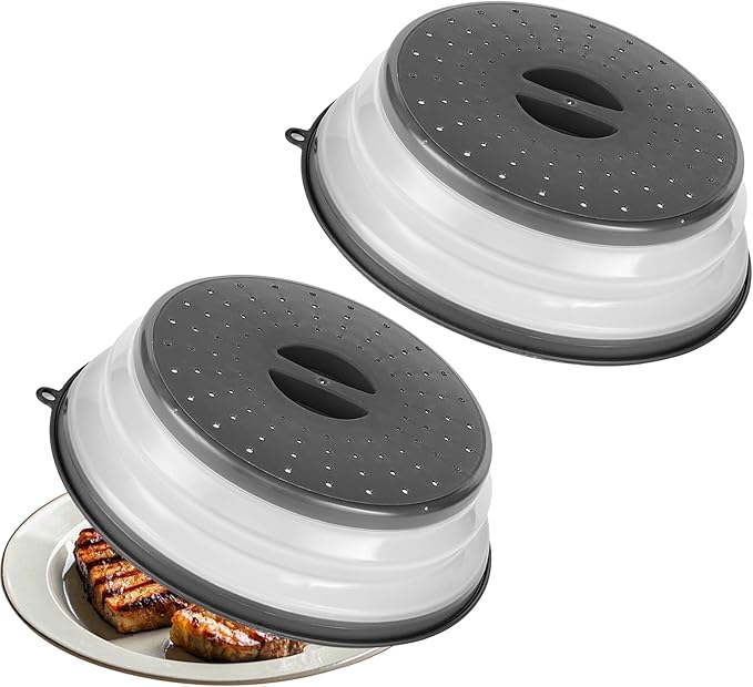 VEVOR Microwave Splatter Covers, 2 Pack 10.4" Collapsible Microwave Lid for Food, 300°F Heat-Resistant PP Splatter Guard for Plate Dish, Multi-Use Kitchen Colander Gadget for Washing Fruits Vegetables
