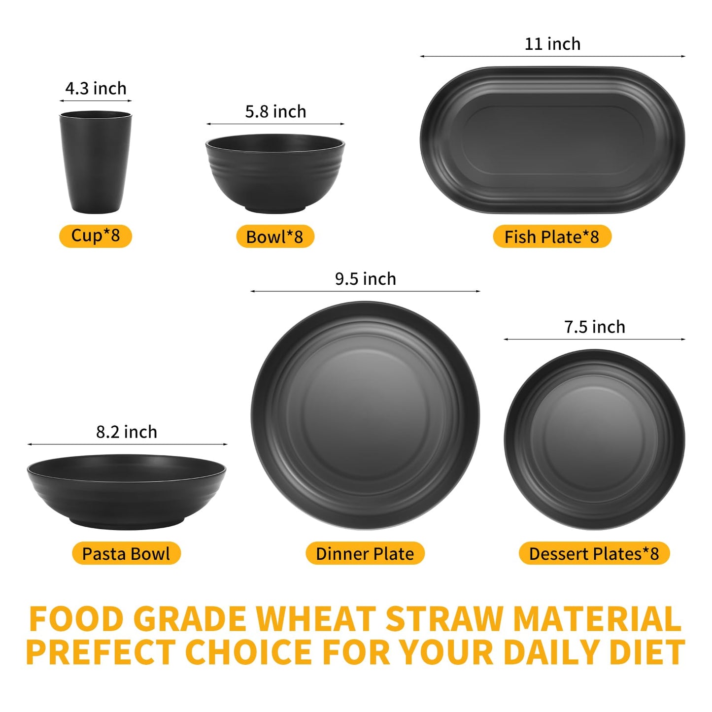 Lazycorner 48-Pcs Kitchen Wheat Straw Dinnerware Set, Service for 8, Plastic Reuasble Dinner Dishes Serving Plate Set for Kitchen, Including Dinner Plate, Dessert Plates, Bowl, Cup(Black)