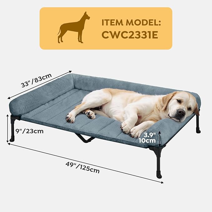 Veehoo Cooling Elevated Dog Bed with Fluffy Plush Bolster Cushion, Indoor Raised Dog Beds for Large Dogs, Soft Pet Sofa Cot with Removable Washable Mat, No-Slip Feet, 49 x 33 inches, Haze Blue