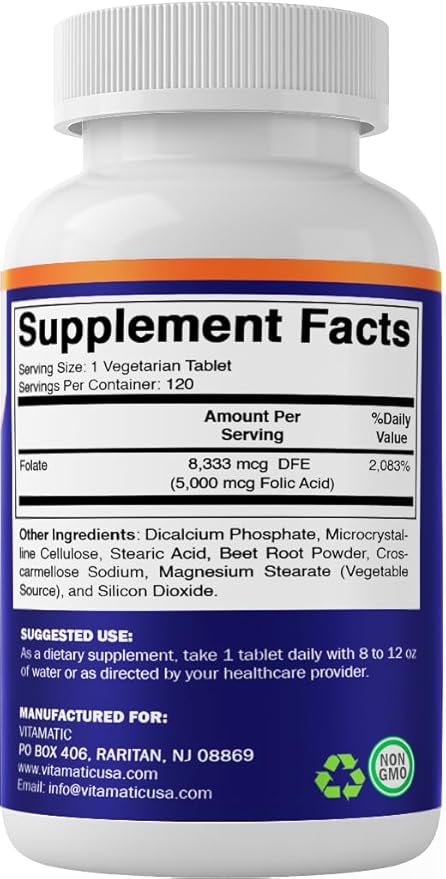Vitamatic Folic Acid 5mg (5000 mcg) – 120 Vegetarian Tablets High Potency Vitamin B9 (Folate) for Cellular Health, Heart Support & Prenatal Care