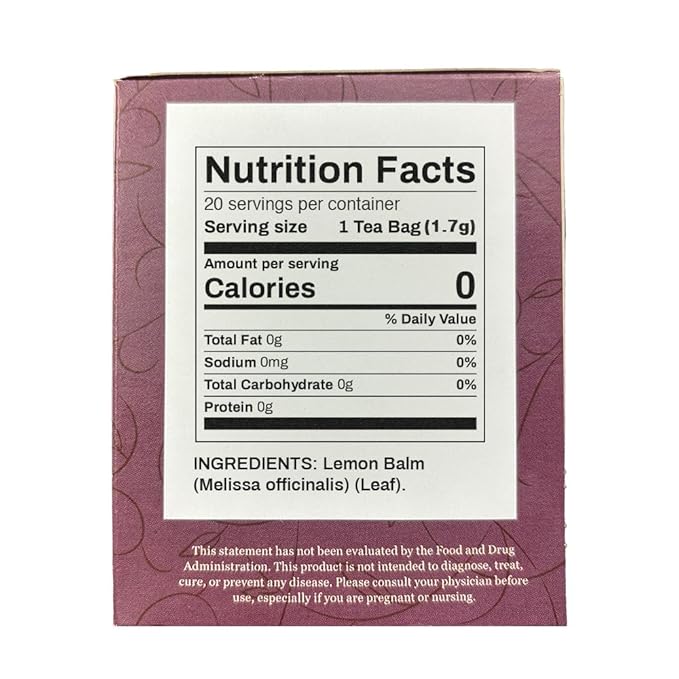 Organic Positively Botanicals Company, Lemon Balm Herbal Tea Bags, 20 Count