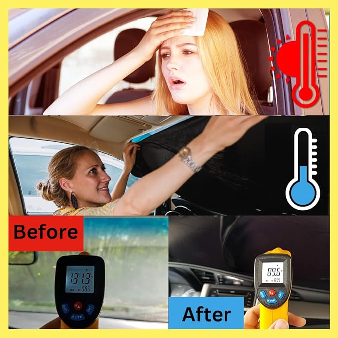 Windshield Sun Shade - Certified 99.87% UVB & 99.02% UVA Protection Car Sun Shade. Award Winning Sunshade for Car Windshield with Patented Technology. Size L+ 64"x36" Car Window Shades by Kinder Fluff