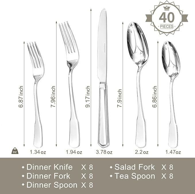 HIKAA Premium Silverware Set, Stainless Steel Flatware Set with Wide-Based Handles for Comfort & Durability, Forks & Spoons Cutlery Silverware Set (40PCS)