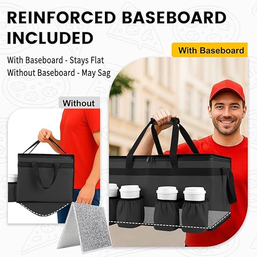 CIVJET Insulated Food Delivery Bag with 4 Cup Holder and Bottom Support, XXX-Large Insulated Grocery Bags Keep Food Hot/Cold, Cooler Bags with Drink Carrier, Food Carrier Catering Bag for Events,Black