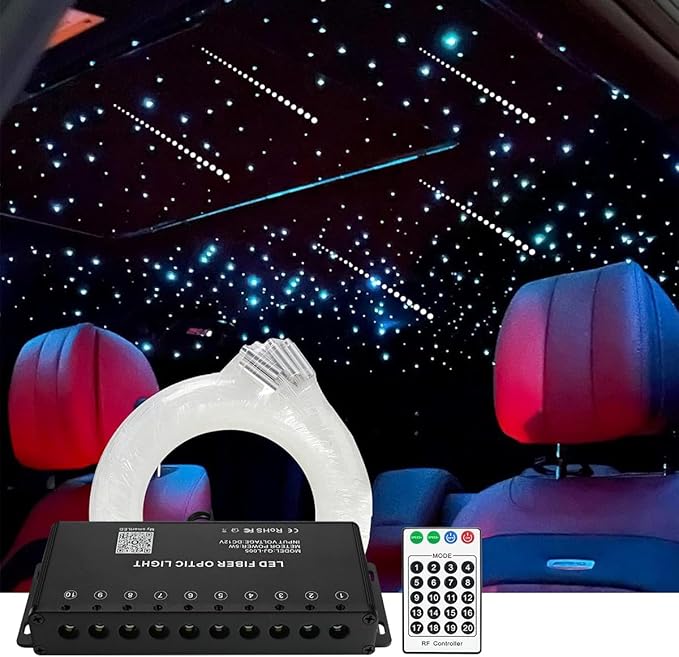 AMKI 100pcs*0.04in*9.8ft Pure White Shooting Stars Effect Fiber Optic Lights Kit,10Holes LED 5W Meteor Light Engine with Bluetooth+RF Remote Control 20 Meteor Modes