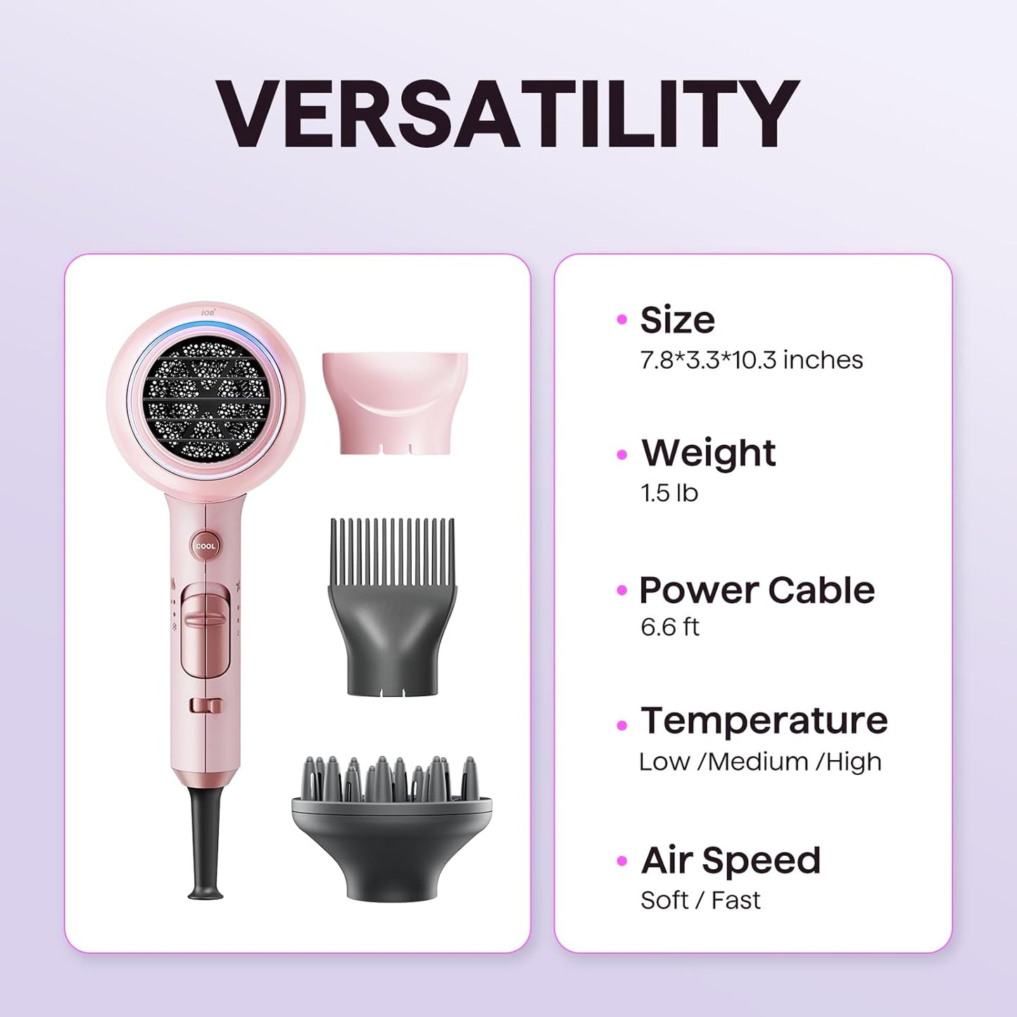 Ionic Hair Dryer for Curly Hair | 1875W Fast Drying | Diffuser & Attachments | Rose Gold