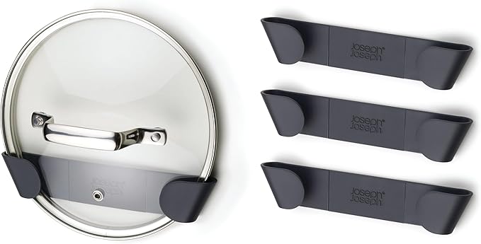 Joseph Joseph Cupboard Store - Set of 4 Pot and Pan Lid Holders Self Adhesive Wall Mount Storage Organizer, Suitable for Lids Up to 9 in , 3M VHB Tape Included, Gray