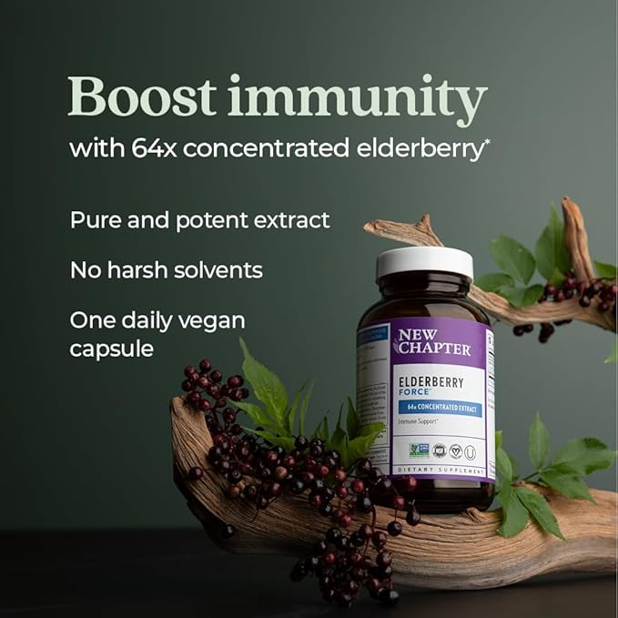 New Chapter Vegan Elderberry Capsules with 64x Concentrated Black Elderberry + Black Currant for Comprehensive Immune Support, Non-GMO Project Verified, Gluten Free, Certified Vegan, 60 Count