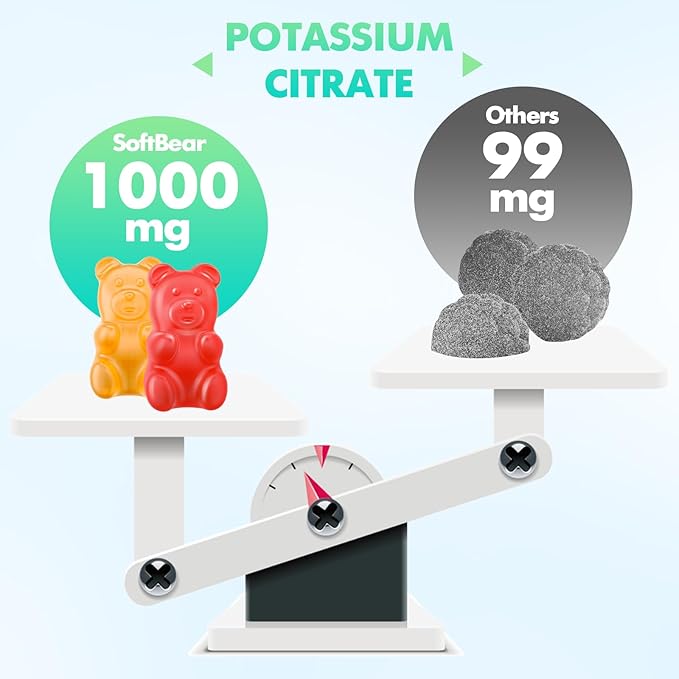 softbear Potassium Citrate Gummies, High Potency Potassium Citrate 1000mg Supports Leg Cramps & Muscle Health Potassium Gummies for Adults & Kids Mixed Fruit Flavor 60 Count