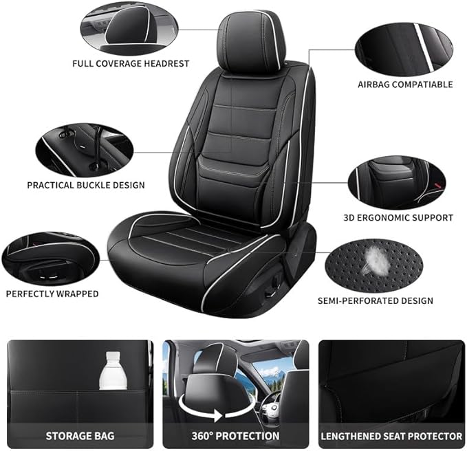 Car Seat Covers Full Set Custom Fit for Mercury Mountaineer 1997-2010-Luxury Leather with Lumbar Support, Breathable, Waterproof, Anti-Slip, Durable, Easy to Install (Black&White,Full Set)