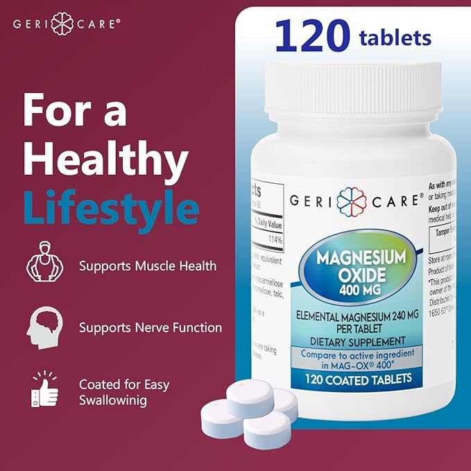 GeriCare Magnesium Oxide Supplement 240 mg - Elemental Magnesium, 120 Coated Tablets – Essential Mineral Support - Promotes Vascular Health, Bone Strength, and Muscle Function (Pack of 6)