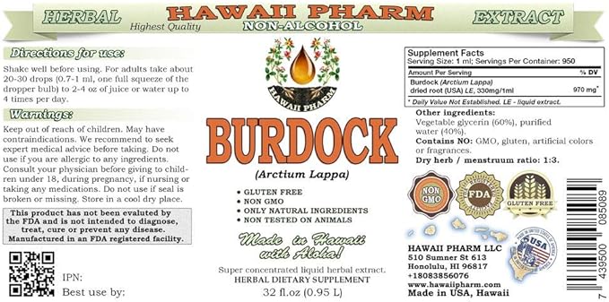 Burdock Alcohol-Free Liquid Extract, Organic Burdock (Arctium Lappa) Dried Root Glycerite Hawaii Pharm Natural Herbal Supplement 32 oz Unfiltered