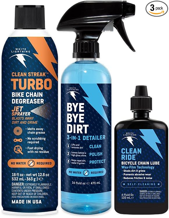 White Lightning Dry Weather Bike Care Kit – Complete Bicycle Cleaning Kit with Clean Ride Wax Chain Lube, Clean Streak Degreaser, and Bye Bye Dirt Bike Detailer for Dry Conditions