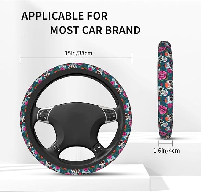 Skull Cute Steering Wheel Cover Non-Slip Breathable Sweat-Absorbent Suitable for SUV Van Truck Car Universal Protection Accessories 15 Inch Suitable for Women Men