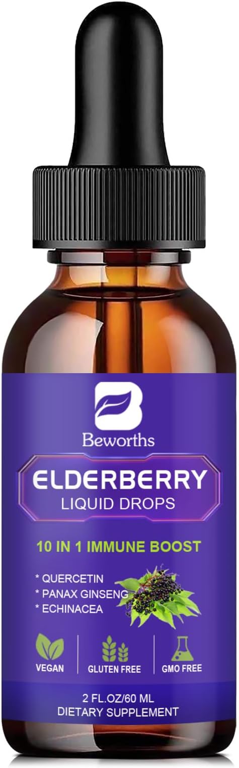 Elderberry Syrup | Quercetin Black Elderberry Liquid Drop with Quercetin, Panax Ginseng for Immune Support | Sambucus Elderberry with Vitamin C and Zinc, D3 | Vegan | Non-GMO | Original