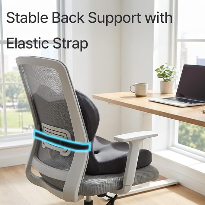 Navizam Lumbar Support Pillow for Office Chair – Seat Cushions for Office Chairs - Back Support for Office Chair, Pillow for Car – Chair Cushion with Anti-Slip Base, Backrest with Elastic Strap