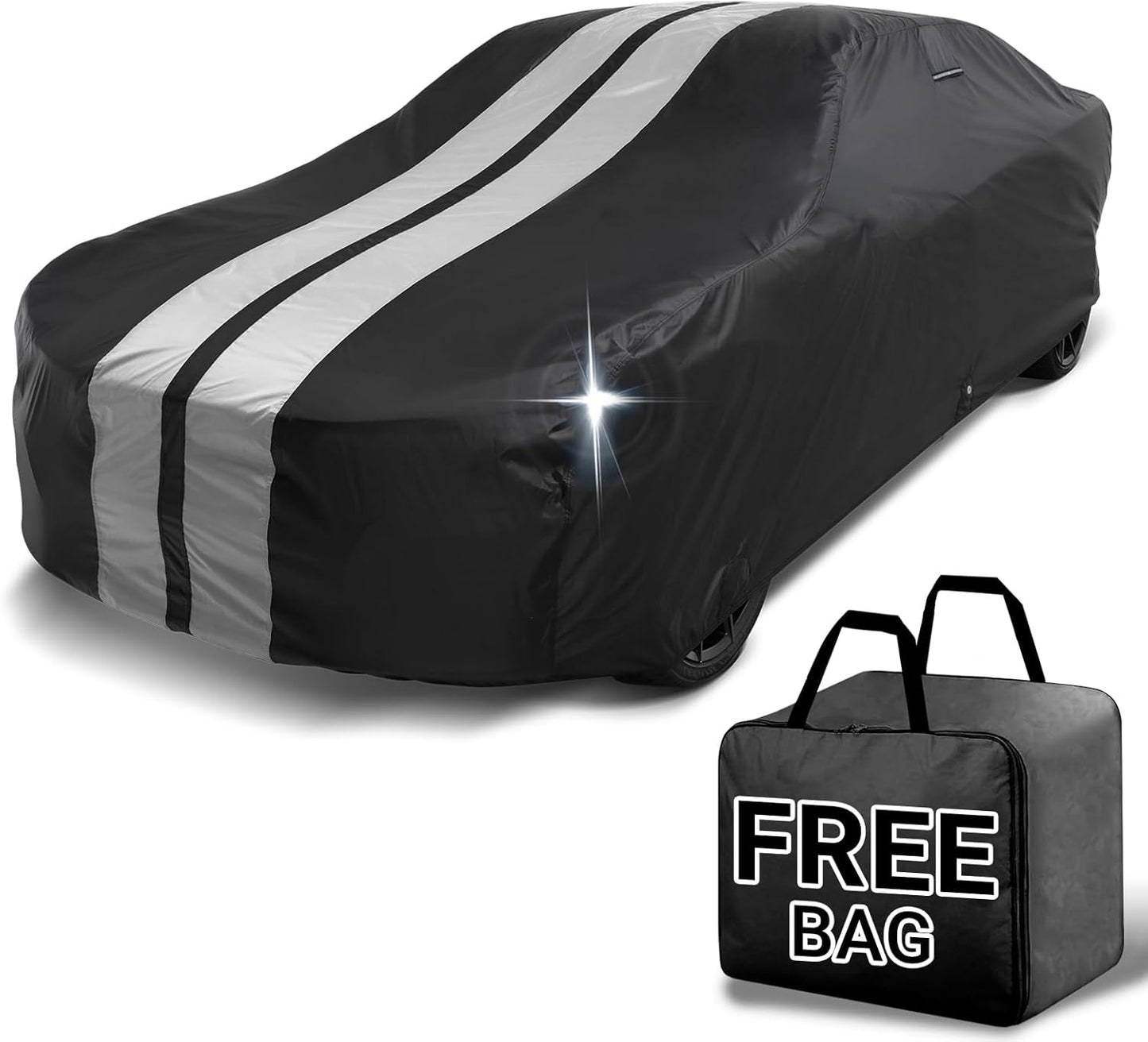 iCarCover Custom Car Cover for Chevy Nova (1968-1979) Waterproof All Weather Rain Snow UV Sun Protector Full Exterior Indoor Outdoor Car Cover (Stripe - Black/Gray)