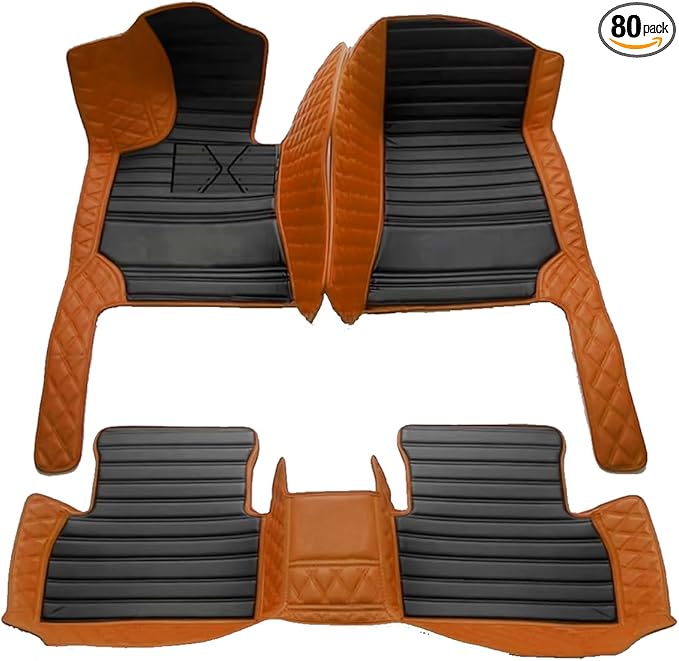 TREGOO All Weather Car Mats Custom Fit Non Slip Floor Mats for 1998-2025 Cars Personalized Leather Protection Pads Suitable for Men Women (Edge Light Brown Black Horizontal bar)