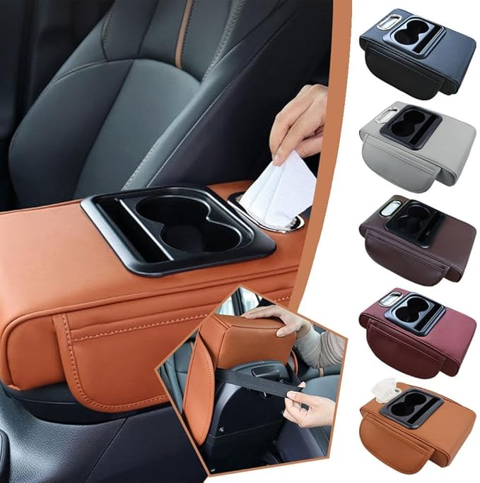 Car Armrest Cushion,5-in-1 Center Console Cover with 2 Storage Bags Cup Holder, Tissue Box Slot, Phone Slot for Car Sedans,Car Interior Accessories for Most Vehicle, SUV, Truck,Cars (Grey)
