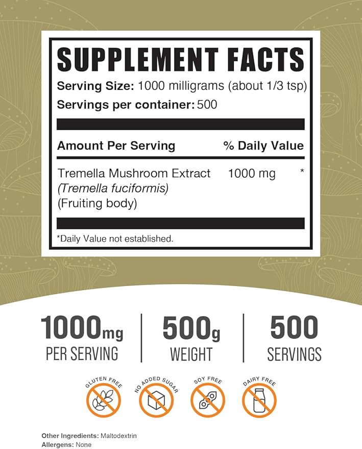 BulkSupplements.com Tremella Mushroom Extract - Tremella Fuciformis Extract, Mushroom Supplement - Vegan & Gluten Free, 1g per Serving, 500g (1.1 lbs) (Pack of 1)