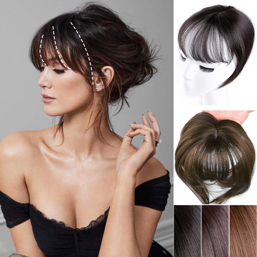 Lesafev Mini Fringe Hairpiece Straight Clip In Forehead Topper With Wispy Bangs Extension Light Brown