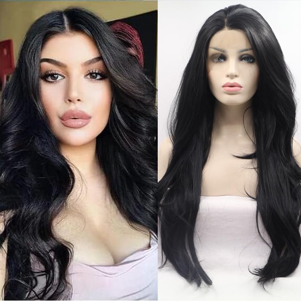 Xiweiya Long Natural Wavy #1B Black Synthetic Lace Front Wigs For Black Women Natural Black Hair 13 * 3 Lace Heat Resistant Fibe