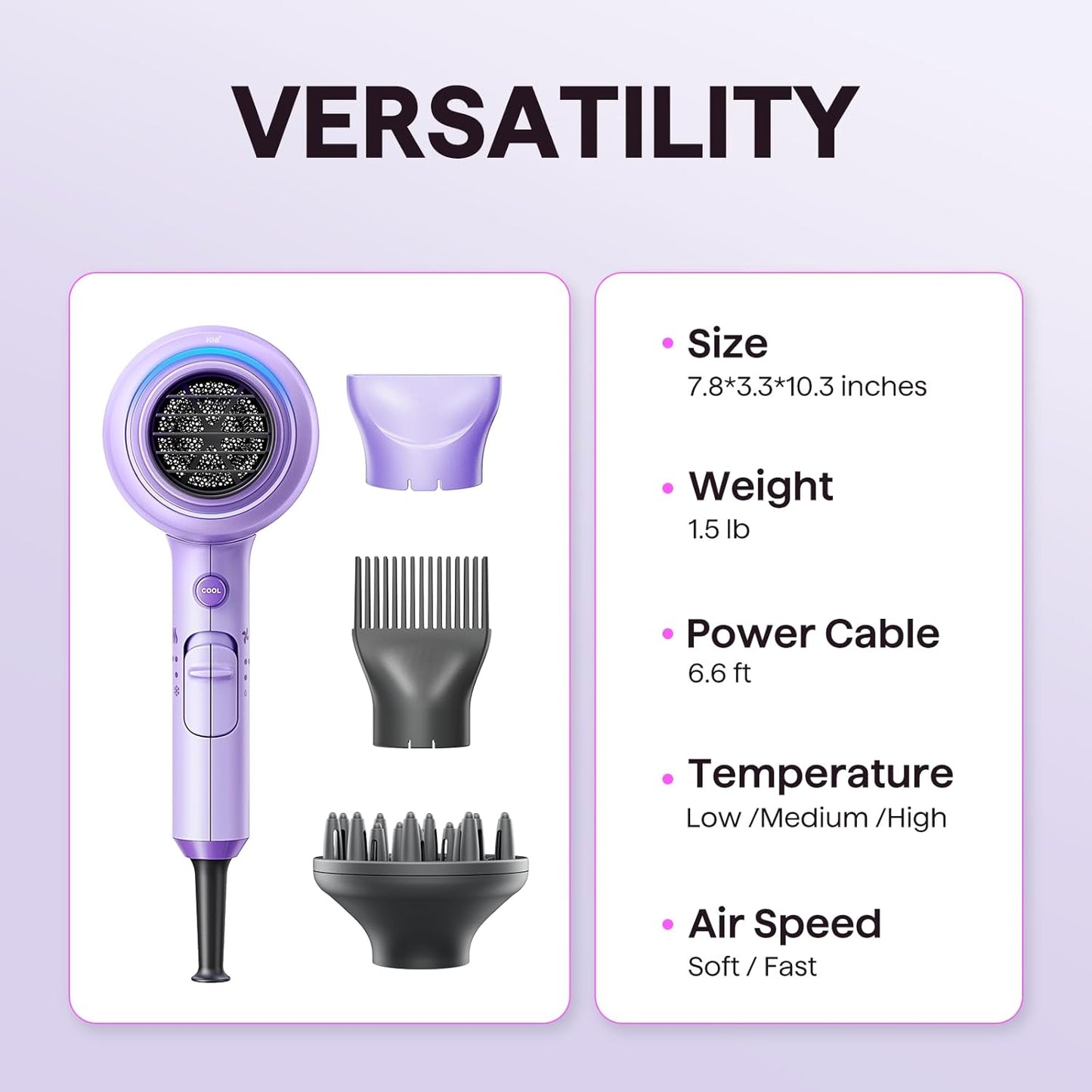 Ionic Hair Dryer for Curly Hair | 1875W Fast Drying | Diffuser & Attachments | Rose Gold