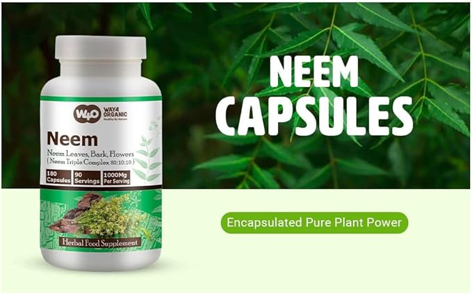 Neem Triple Complex - High-Potency Azadirachta Indica Capsules, Neem Leaves, Bark, Flowers in Ratio (80:10:10) - 180 Capsules, 90 Serving, 1000 Mg per Serving. Pack of 2.