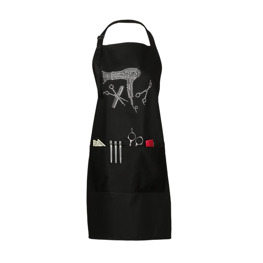 Plum Hill Hair Stylist Apron With Rhinestones - Salon Aprons For Hairdresser And Cosmetology - 3 Pockets, Long Ties, Black