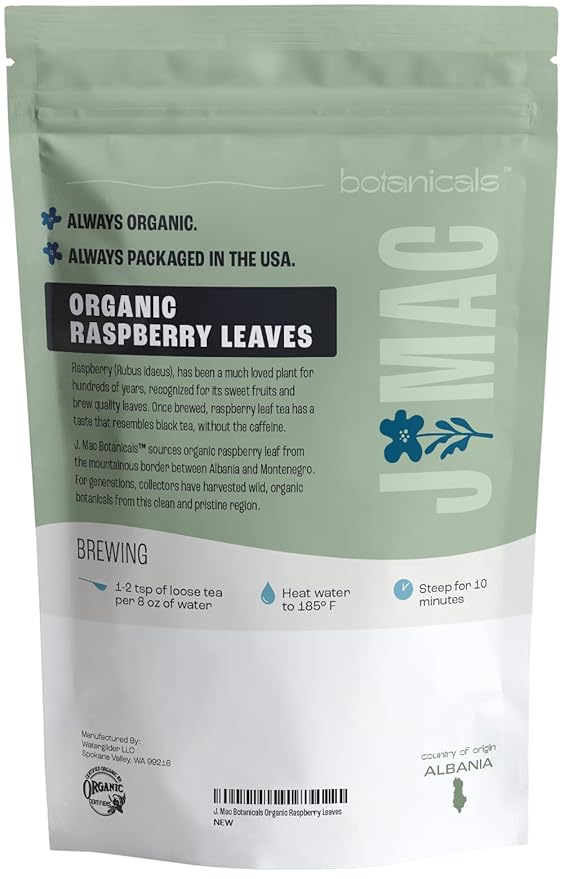 J Mac Botanicals, Organic Red Raspberry Leaf, Herbal tea (4 ounce bag 50+ cups) cut & sifted dried leaf