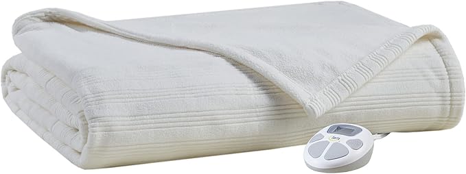 Serta Travis Fleece Ultra Soft Tri-Rib Textured Electric Blanket, Cozy and Snuggly Cover Fast Heating for Cold Weather, Auto Shut Off, Multi Heat Setting Controller, Full, Cream
