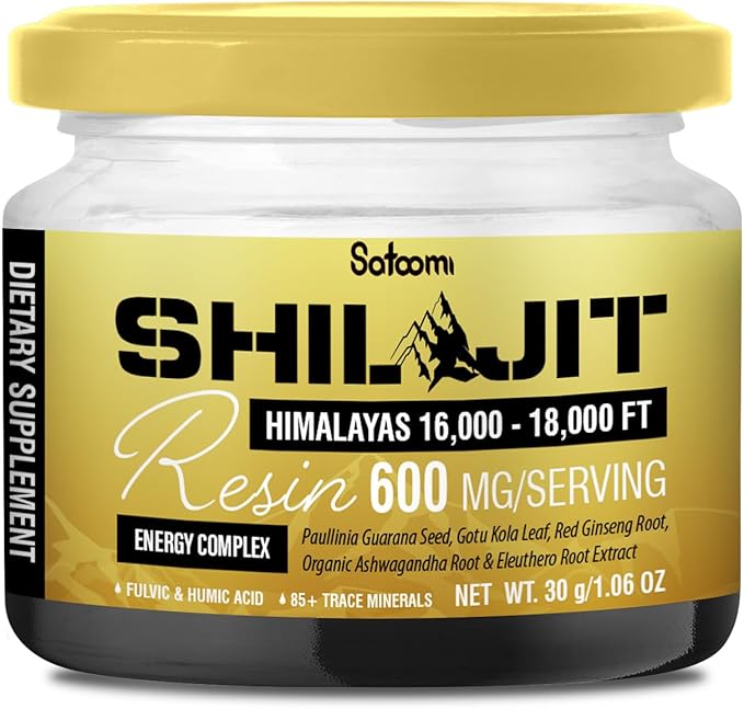 Satoomi Shilajit Himalayan Organic Resin - 30g Shilajit Supplement with 85+ Trace Minerals, Paullinia Guarana, Gotu Kola & More - Energy Production, Immune System, Comfortable Mood - 50-Day Supply