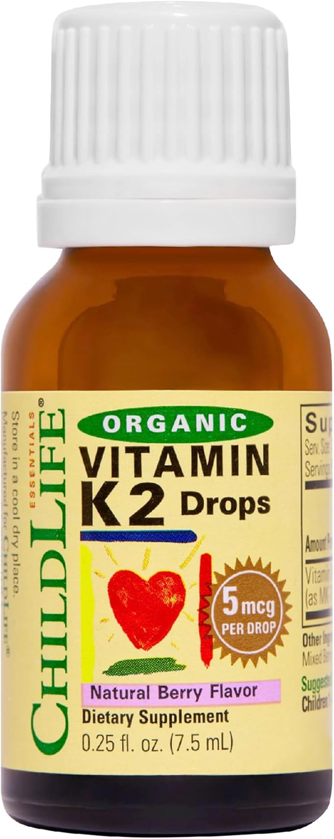CHILDLIFE Essentials Organic Vitamin K2 Drops - Infant Toddler Baby Vitamin K, K2 Supplement, Vitamin K2 MK7, Liquid K2, Vitamin K Drops - Natural Berry Flavor, 0.25 Fl Oz (Pack of 1)