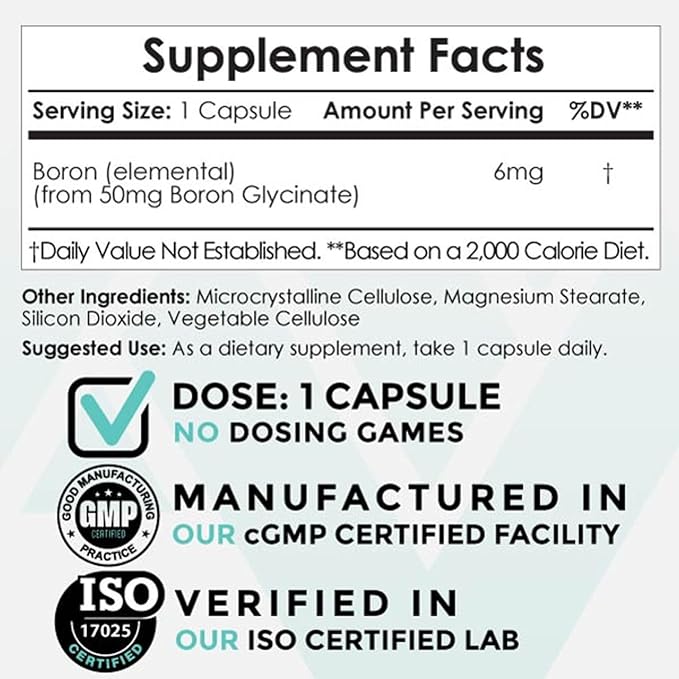 Nootropics Depot Boron Glycinate Capsules | 50mg | Delivering 6mg Elemental Boron | Testosterone, Inflammation, Immune, & Cognitive Support | 365 Count