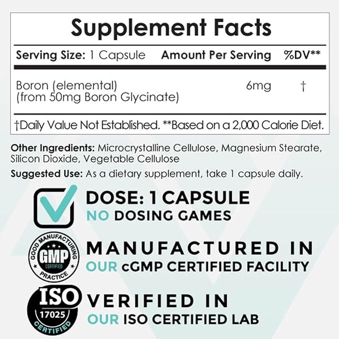 Nootropics Depot Boron Glycinate Capsules | 50mg | Delivering 6mg Elemental Boron | Testosterone, Inflammation, Immune, & Cognitive Support | 120 Count