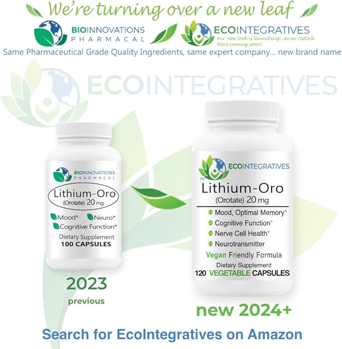 Lithium Oro 20 mg, Supports Healthy Mood Emotional Wellness, Behavior, and Memory. Bioavailable, 100 Caps (Elemental Lithium Orotate)