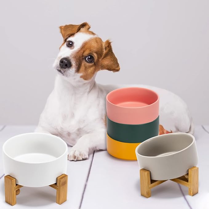 SPUNKYJUNKY 15° Slanted Ceramic Dog and Cat Bowl with Wooden Stand, Tilted Bulldog Food and Water Bowl No Slip Non-Spill for Cats Medium Dogs Big Face Pets 28.7 OZ (3.6 Cups, Grey)