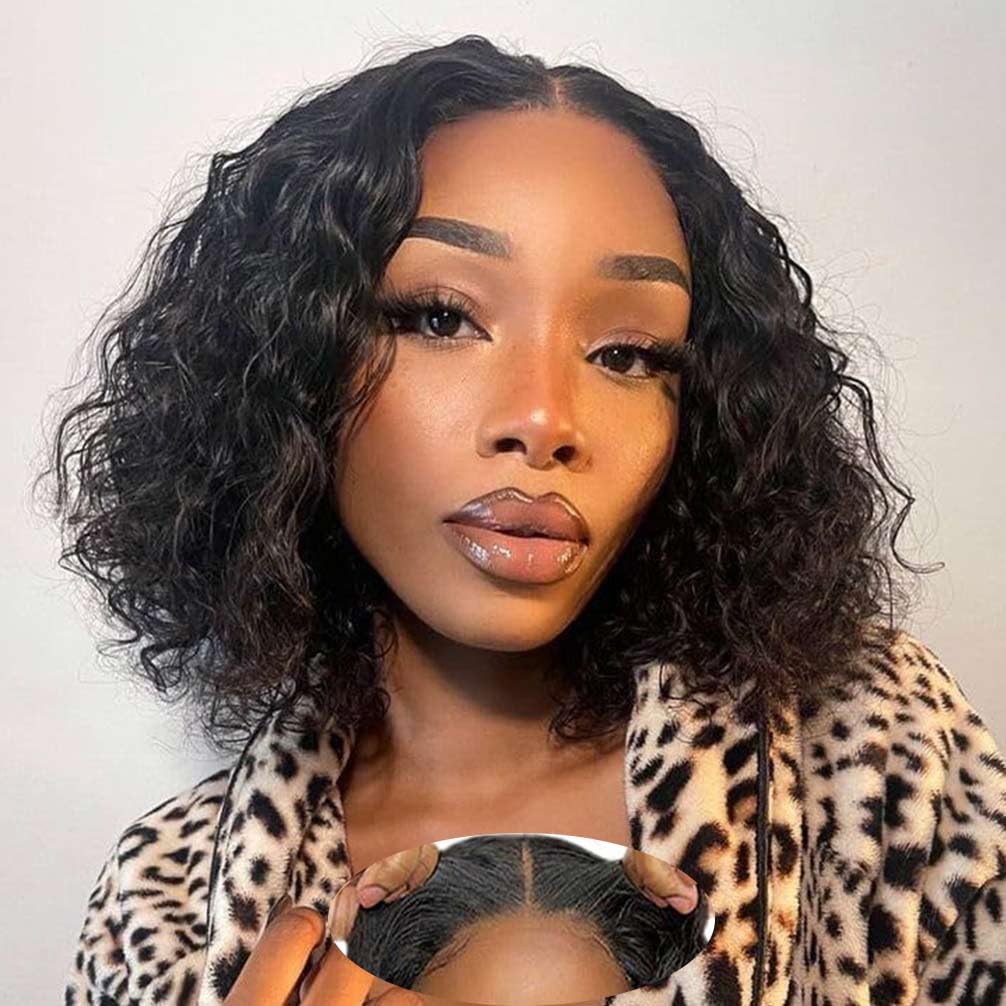 Wear And Go Glueless Wigs Human Hair Pre Plucked Pre Cut Lace Closure Wigs For Black Women Glueless 180% Density Curly Bob Wig H