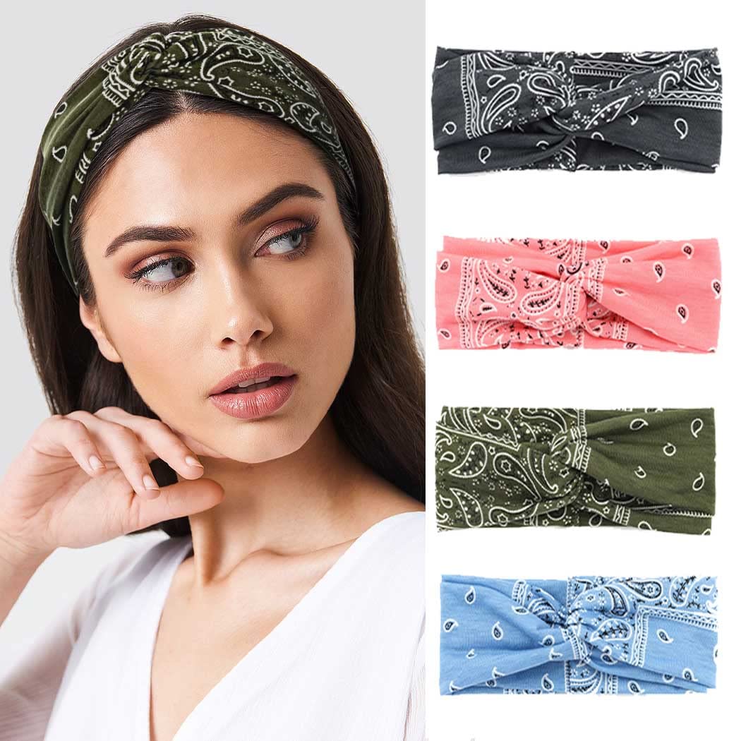 Urieo Boho Headbands Stretch Paisley Print Bandana Headband Criss Cross Hair Bands Knotted Head Wrap Yoga Daily For Women And Gi