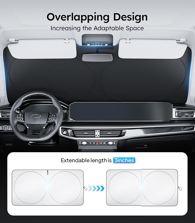 Wigoo 2025 Upgrade Car Windshield Sun Shade [100% Light Block, 4th-Gen Cooling Tech] Foldable Heat Insulation Interior Sun Visor with Storage Bag for Bus/Hatchback/RV (3XL (102"x51")