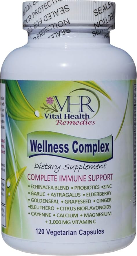 VHR Wellness Complex Immune Boosting Formula with Echinacea, Goldenseal, Garlic, Probiotics, Elderberry, Astragalus, Grapeseed, Cayenne, Bioflavonoids, Eleuthero, Ginger, VIT. C, Zinc. 120 Veg caps