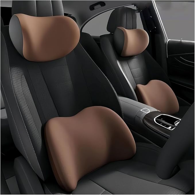 Car Lumbar Support Pillow and Car Neck Pillow Kit for KIA Stinger 2017 2018 2019 2020 2021 2022 2023, Car Seat Neck Back Rest Pillows, Ergonomic Car Seat Headrest & Lumbar Cushion,C Coffee