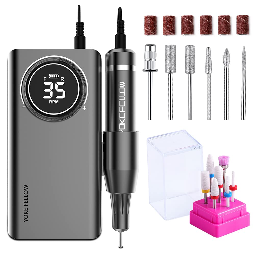 Yoke Fellow Rechargeable Nail Drill - 35000 Rpm Nail Drill Machine Nail File With 12 Nail Drill Bits For Manicure Pedicure Drill