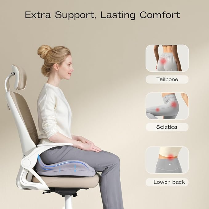 Seat Cushions for Office Chairs - Patented Extra Large Seat Cushion 21.2" W x 16.5" L - Memory Foam Seat Cushion for Tailbone Pain Relief, Sitting Pressure Relief (Light Grey)