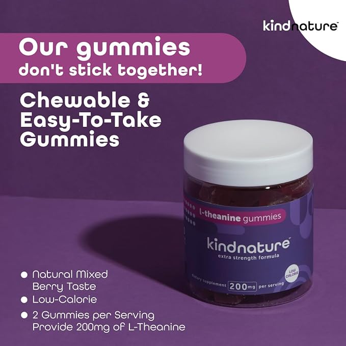 Kind Nature L-Theanine Gummies 200mg – Vegan Calm & Focus Supplement for Adults & Kids Ages 4+ – Mixed Berry Chewable, Low Sugar, Non-Drowsy*