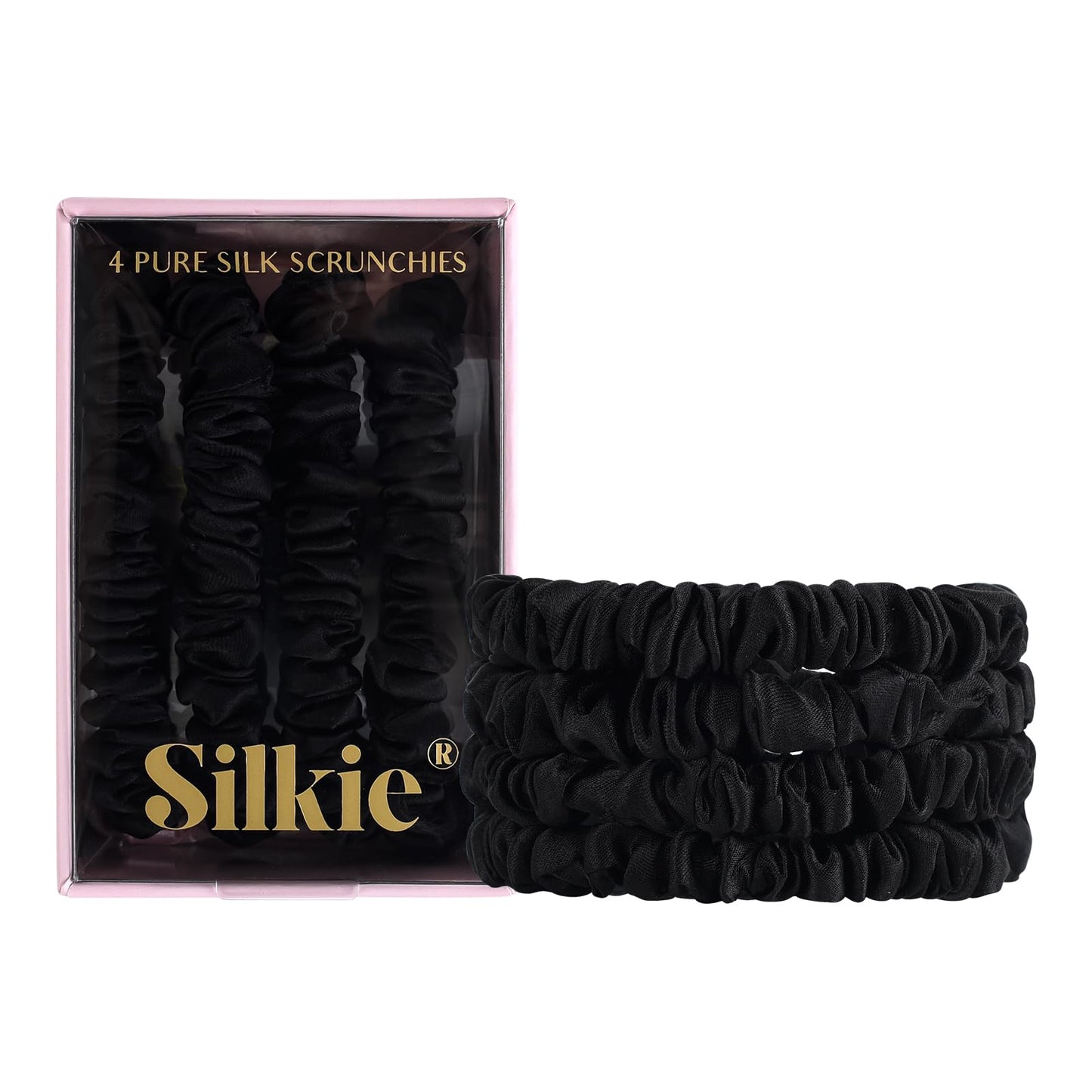 Silkie X4 Set - Better Than Satin - 100% Pure Mulberry Silk Black On Black Skinny Scrunchies Travel Pouch Everyday Hair Ties Ela
